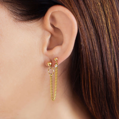 Double Stud Curb Chain Earring - Gold